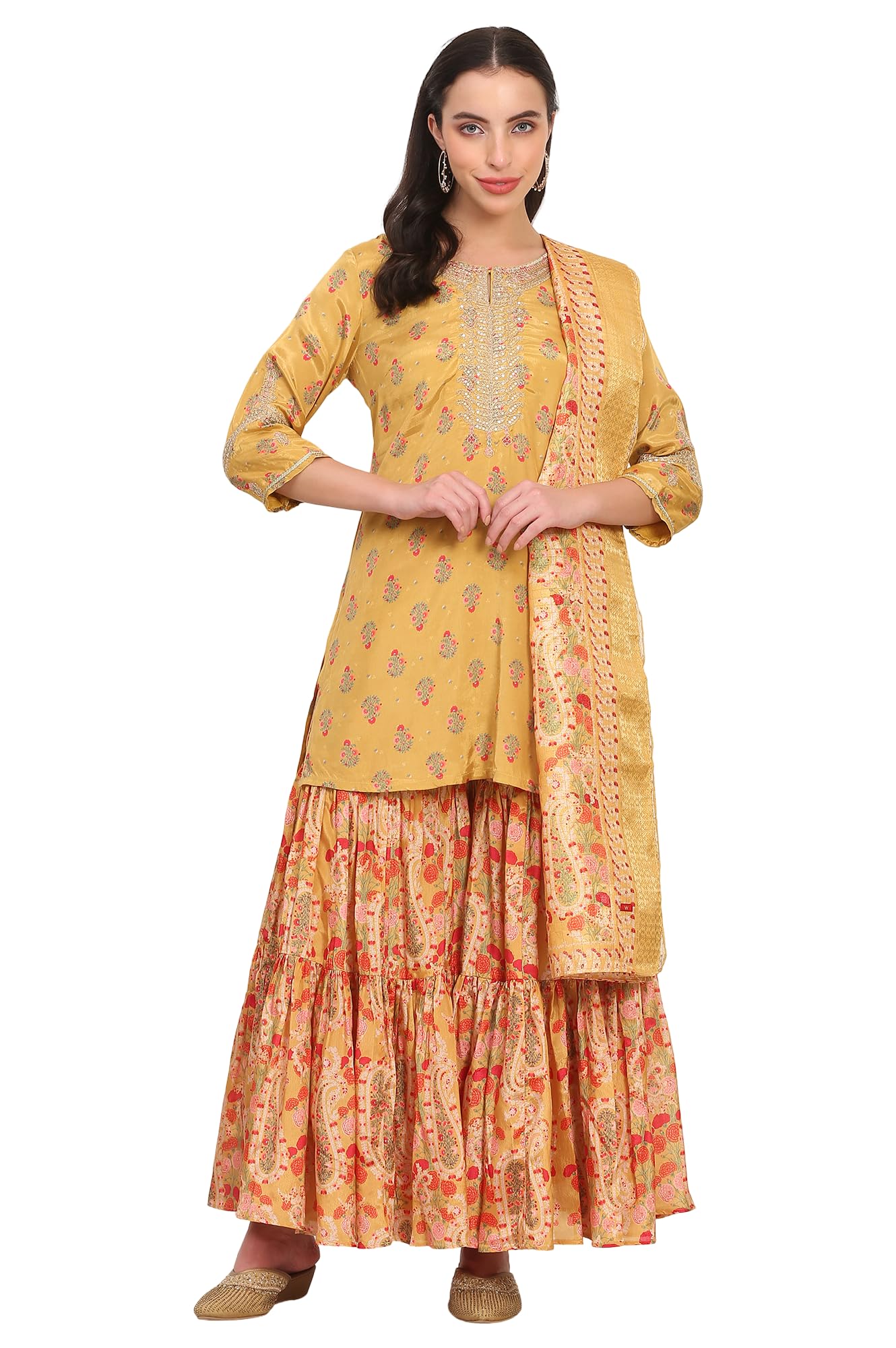 Buy W for Woman Yellow Floral Print Zari Embroidered Straight